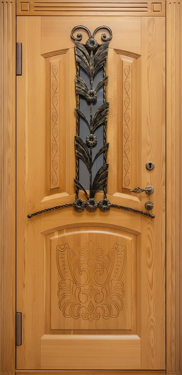 Входная уличная термодверь с узким стеклом, ковкой, панелями МДФ со шпоном